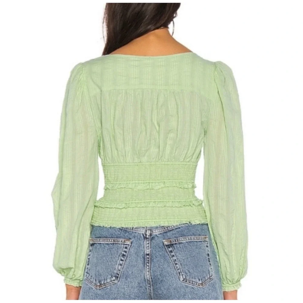 Free People 100%‎ Cotton Green Puff Sleeve Smocked Lolita Peasant Top Size Small